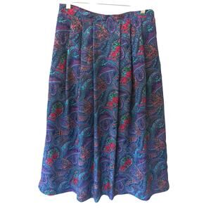 FASHION STAR VINTAGE Long Pleated Skirt Size 14 Shiny Paisley Blue/Purple Multi